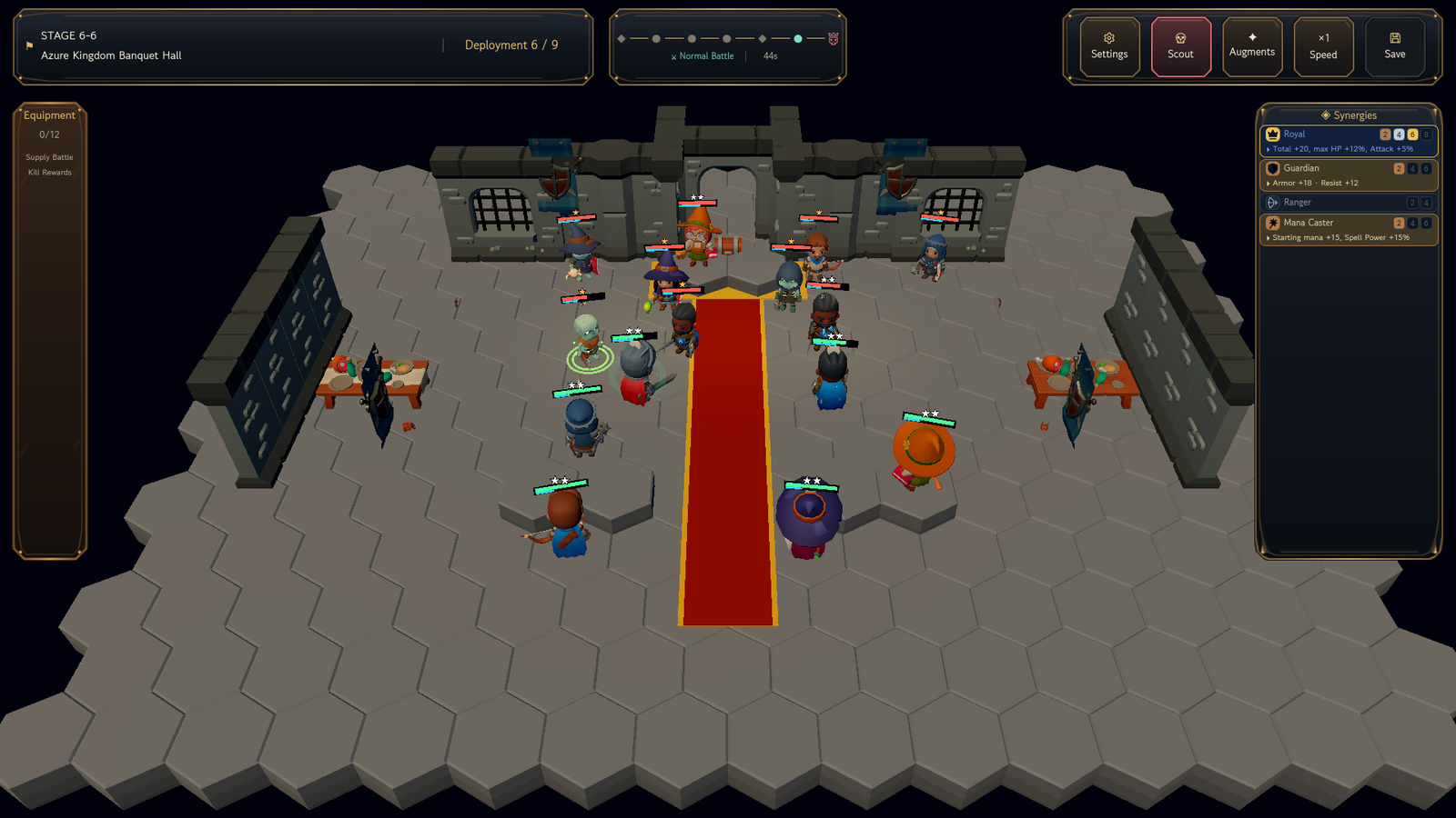 Actual gameplay: units with different bonds fighting together in the Azure Kingdom Banquet Hall, English UI