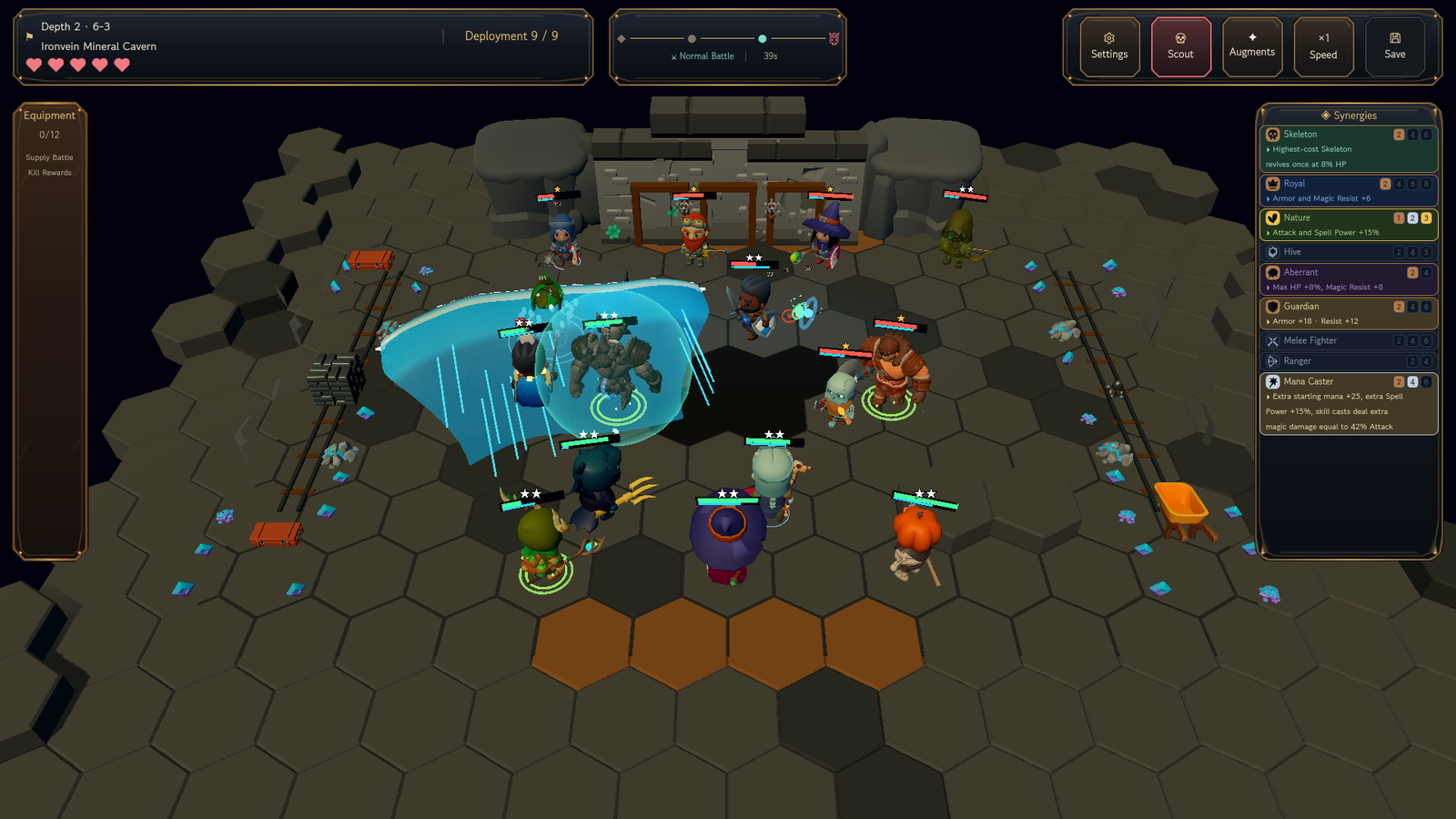 Actual gameplay: the Fishman Mage casting a wave in the mineral cavern, English UI